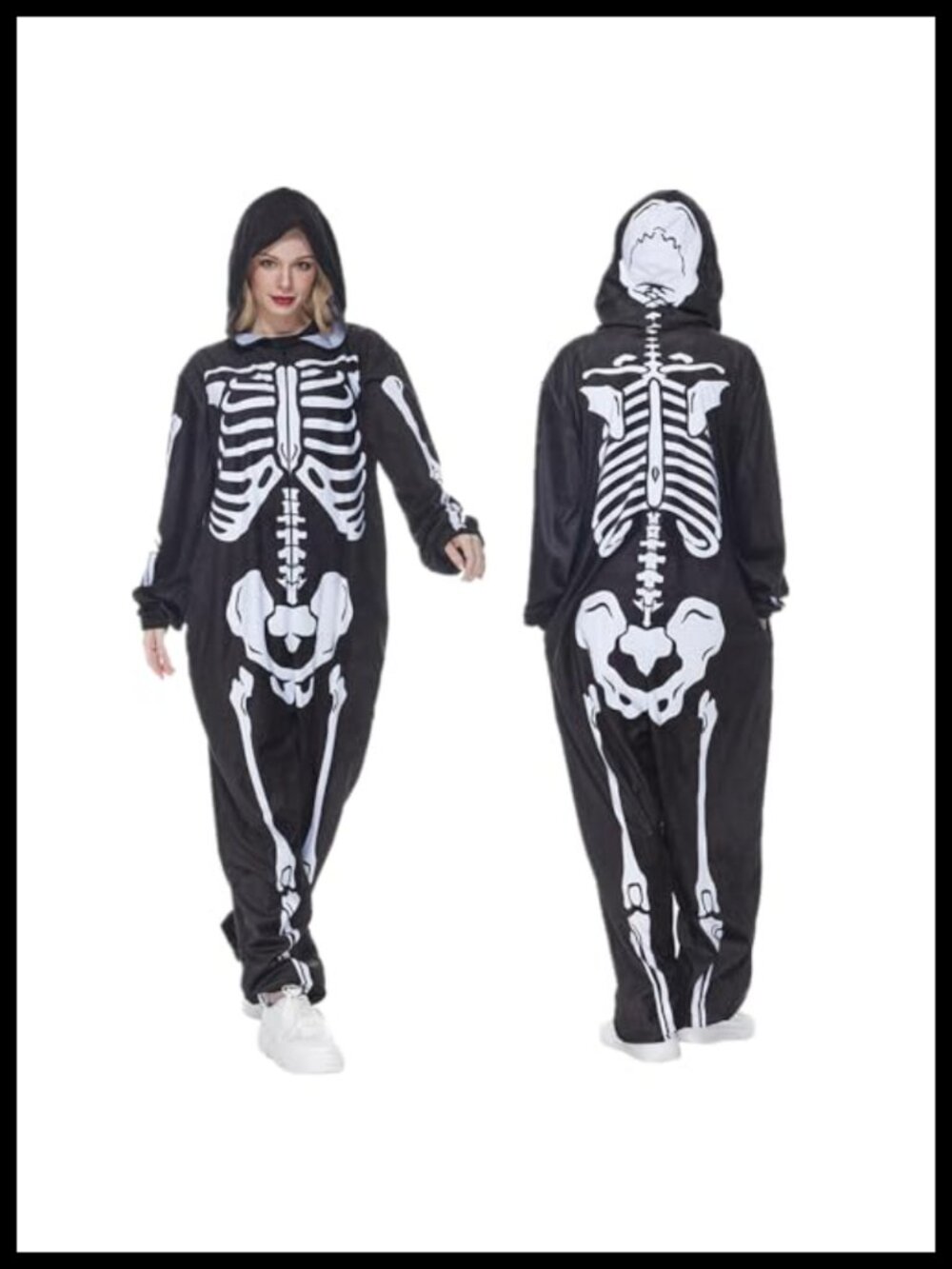 Unisex Skeleton Plush Hooded Jumpsuit Halloween Costume Pajama One Piece